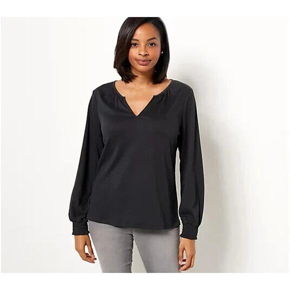 CANDACE CAMERON BURE‎ NEW $64 Textured Knit Top w/ Smocked Cuff Black 4X - Picture 1 of 2
